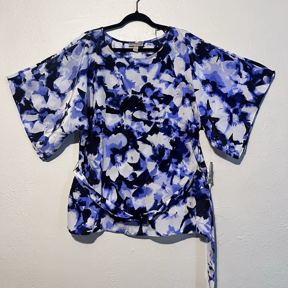 Maya Brooke Blouse Womens Blue Floral Kimono Sleeve Belted Top 14
